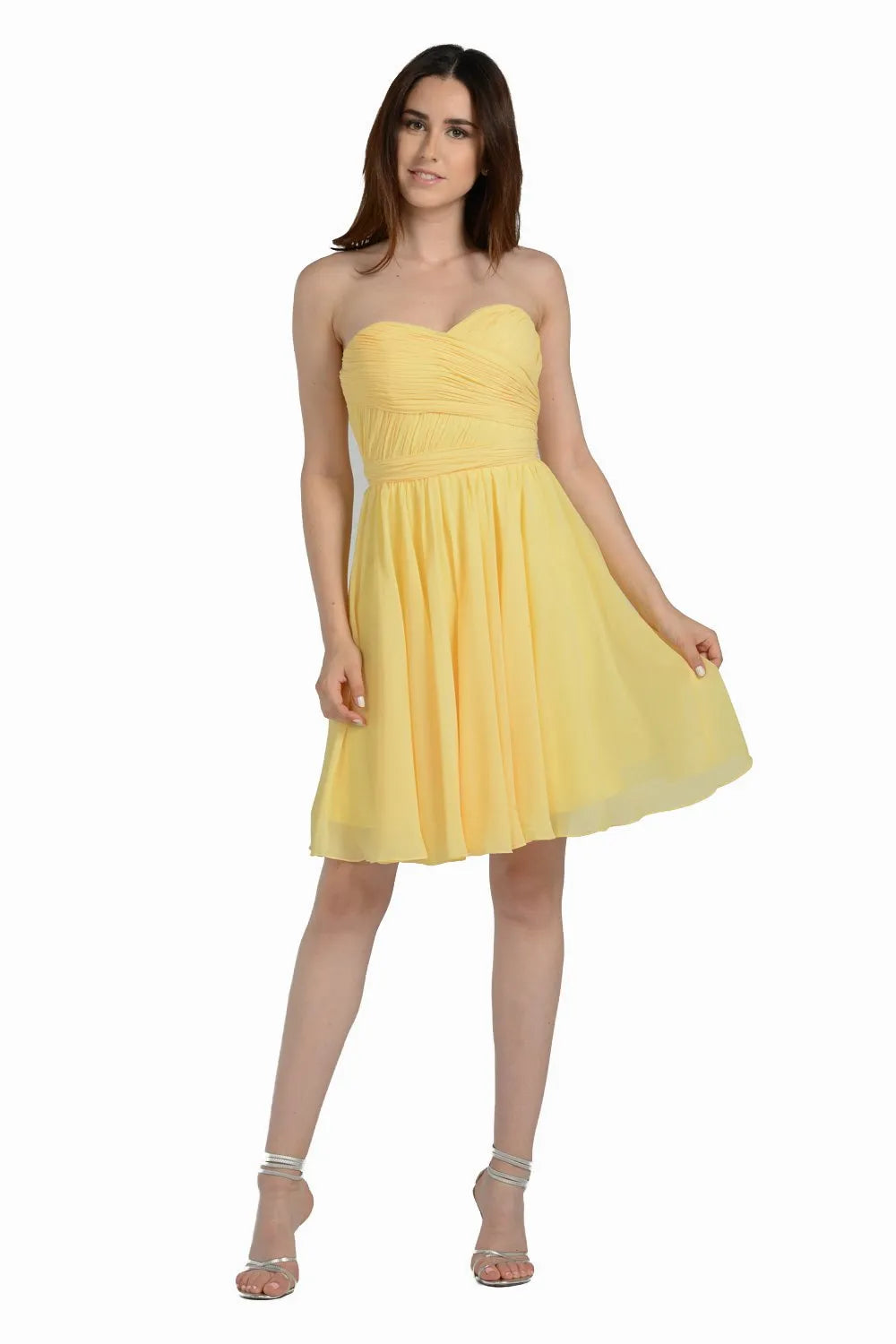 Sunny Yellow Strapless Chiffon Homecoming Dress Flowy Skirt Ruched Bodice for School Dance Joy