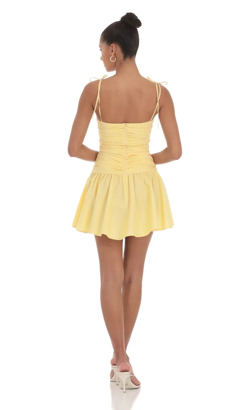 Sunny Yellow Strapless Homecoming Dress Tie Shoulder Straps Ruched Bodice  Flared Skirt