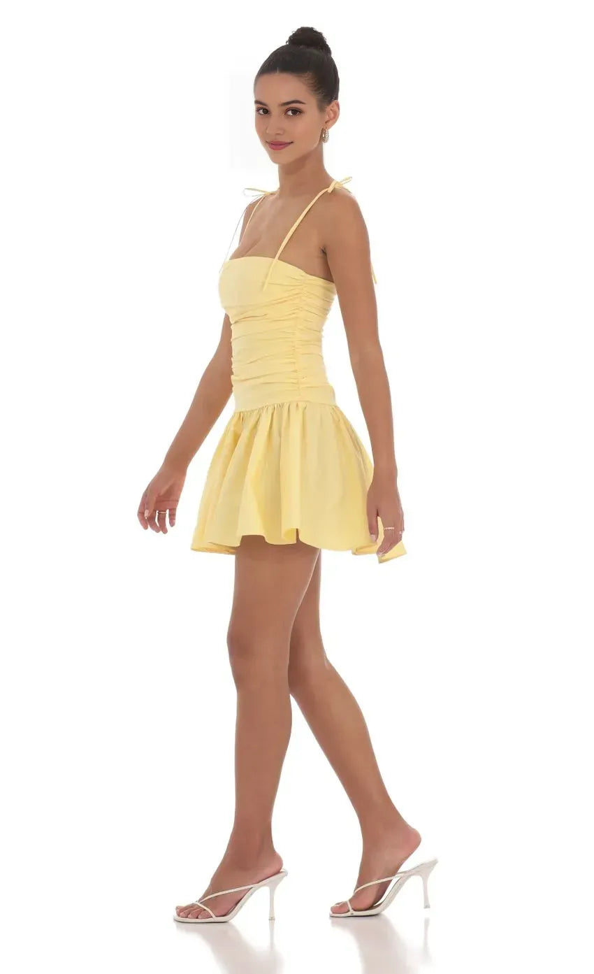 Sunny Yellow Strapless Homecoming Dress Tie Shoulder Straps Ruched Bodice  Flared Skirt
