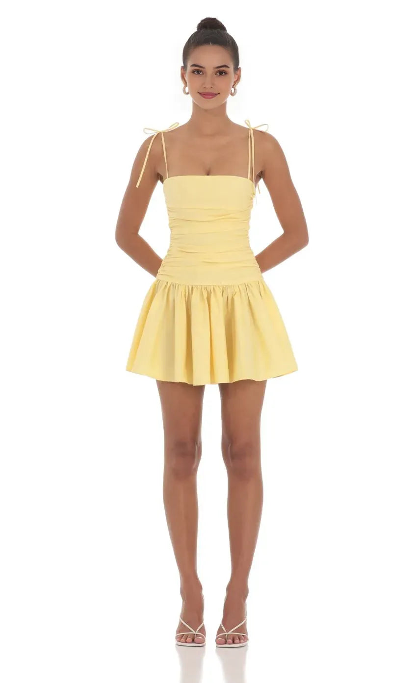 Sunny Yellow Strapless Homecoming Dress Tie Shoulder Straps Ruched Bodice  Flared Skirt