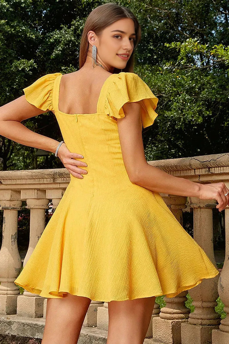Sunny Yellow Textured Crepe Homecoming Dress with Ruffled Sleeves and Square Neckline