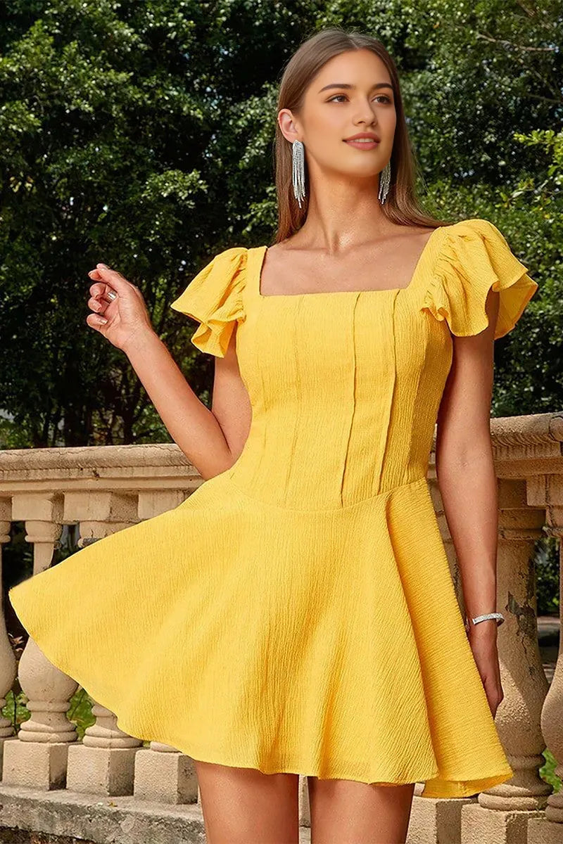 Sunny Yellow Textured Crepe Homecoming Dress with Ruffled Sleeves and Square Neckline