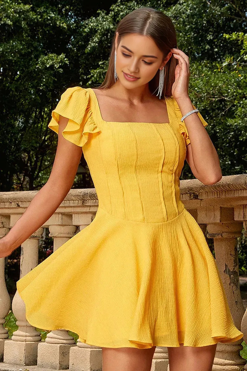 Sunny Yellow Textured Crepe Homecoming Dress with Ruffled Sleeves and Square Neckline