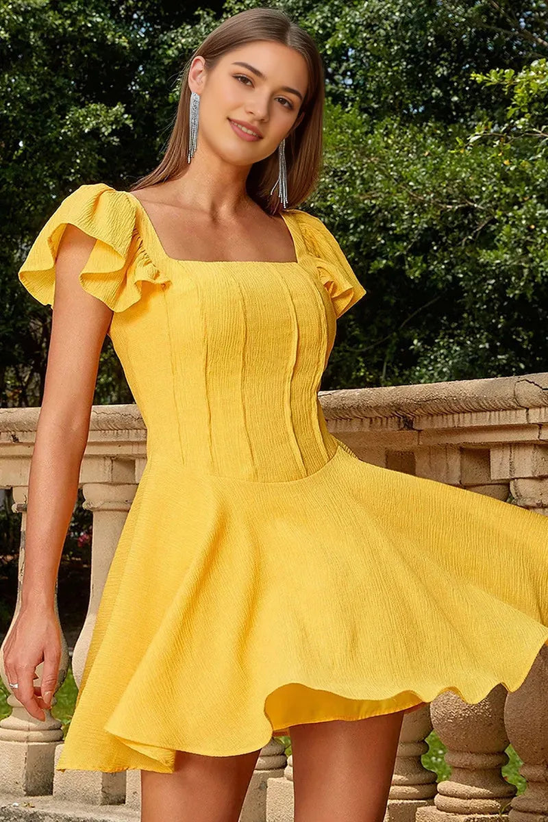 Sunny Yellow Textured Crepe Homecoming Dress with Ruffled Sleeves and Square Neckline