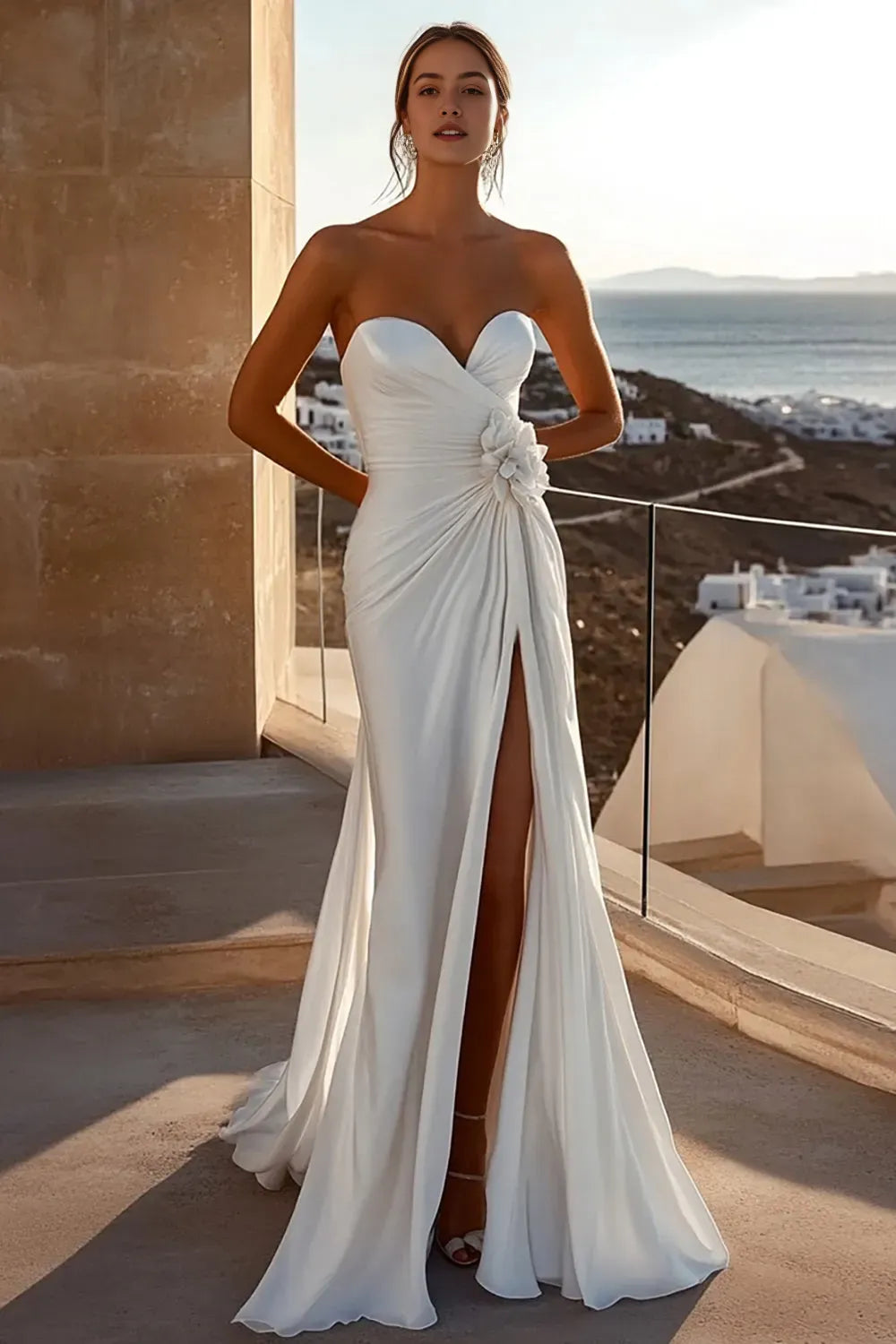 Sweep Train Sweetheart Floral Boho Wedding Dress with Slit ﻿