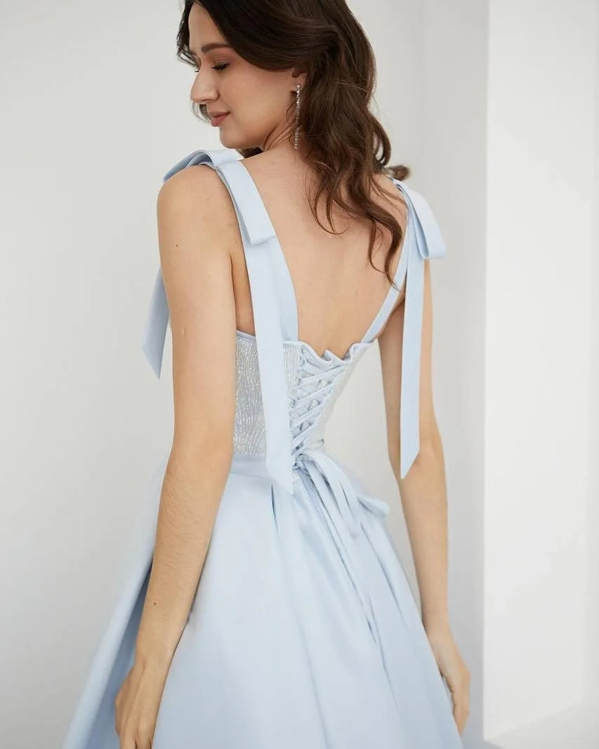 Sweet A-Line Sweetheart Bow Tie Light Blue Midi Party Dress