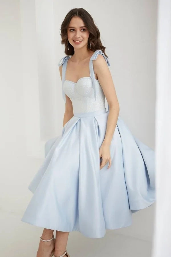 Sweet A-Line Sweetheart Bow Tie Light Blue Midi Party Dress