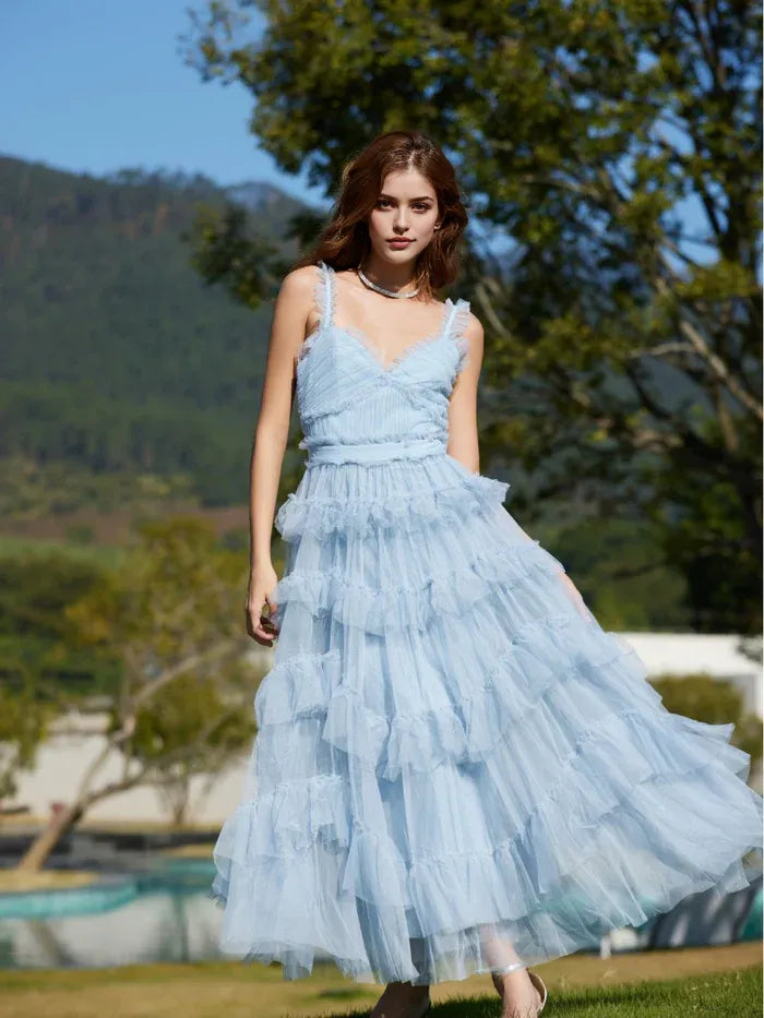 Sweet A Line V-Neck Straps High-Waist Tiered Long Prom Dress