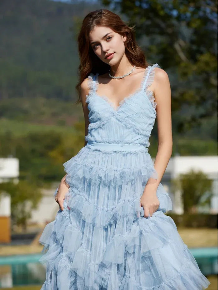 Sweet A Line V-Neck Straps High-Waist Tiered Long Prom Dress