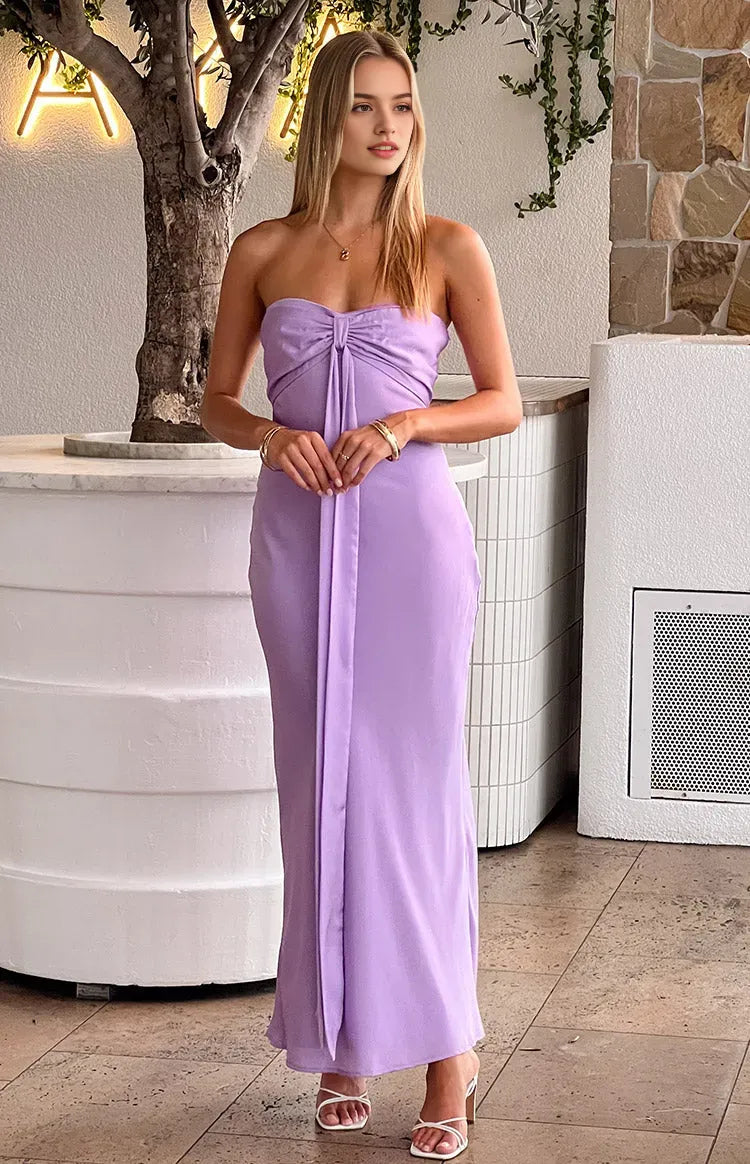 Sweet Lavender Prom Dress Strapless Bow Detail Maxi Length for a Fresh Feminine Appeal