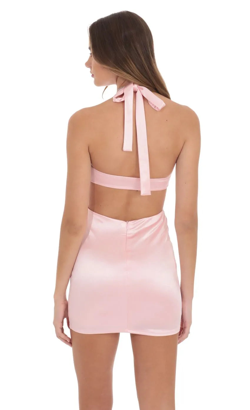 Sweet Sultry Pale Pink Homecoming Dresses Satin Fabric Cutout Sides Draped Neckline for Homecoming Glamour