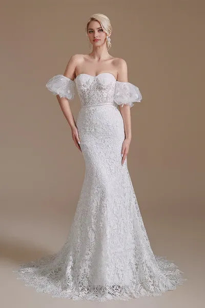 Sweetheart Detachable Bubble Sleeves Lace Mermaid Wedding Dress