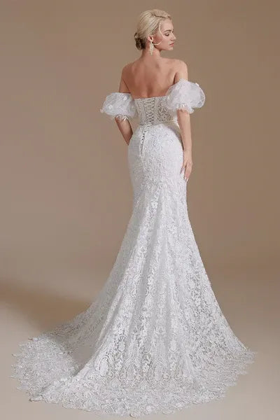 Sweetheart Detachable Bubble Sleeves Lace Mermaid Wedding Dress
