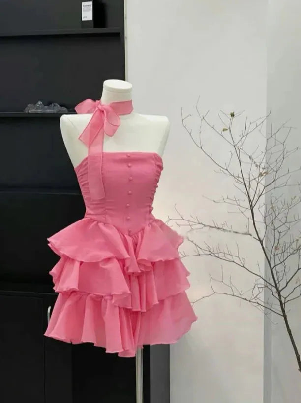 Sweetheart Pink Chiffon Mini Dress Halter Bow Neckline Corset Bodi ceand Tiered Ruffles Perfect for Homecoming Elegance