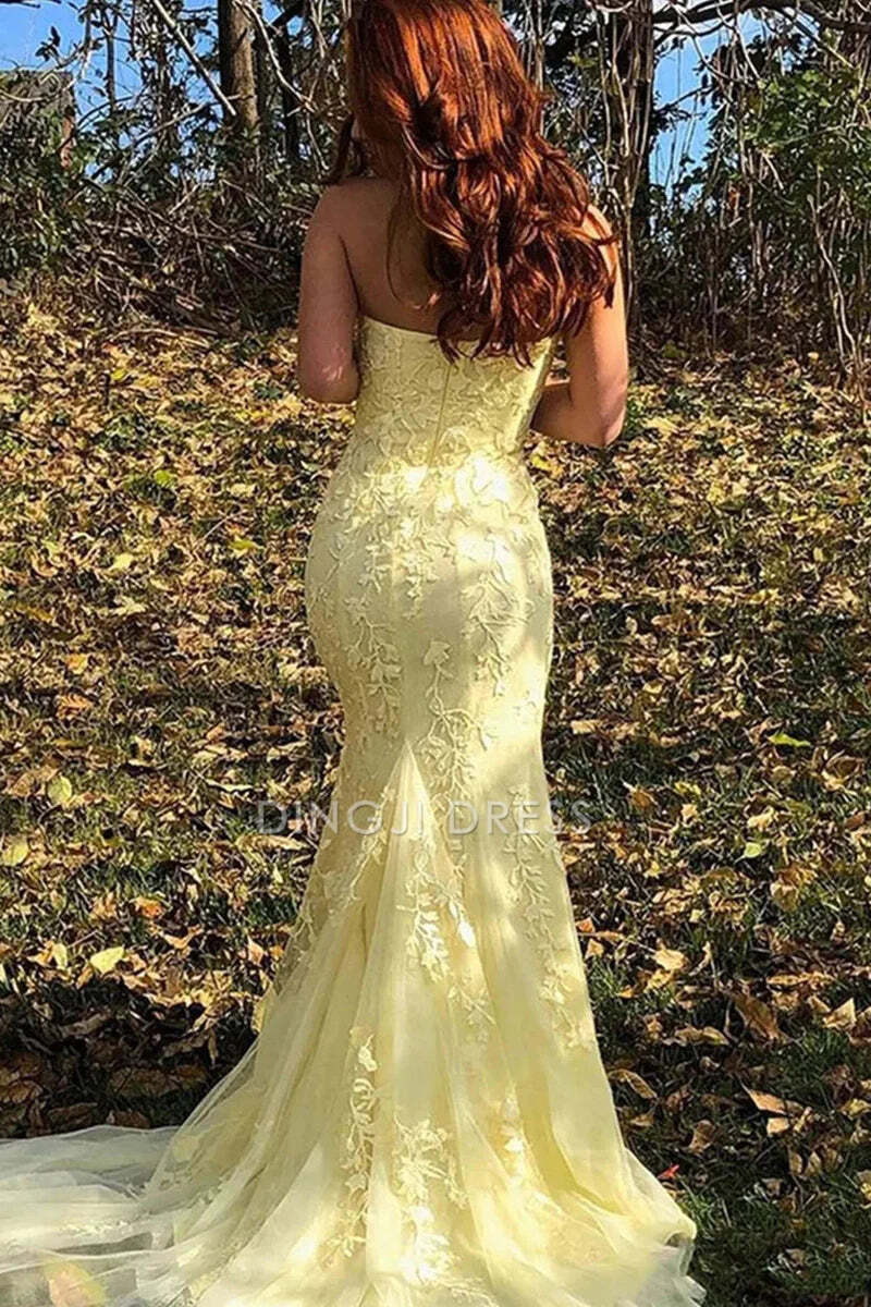 DingJiDress Formal Dress Exquisite Mermaid Sweetheart Strapless Lace Appliques Slit Side Fork Fashion Prom Dress