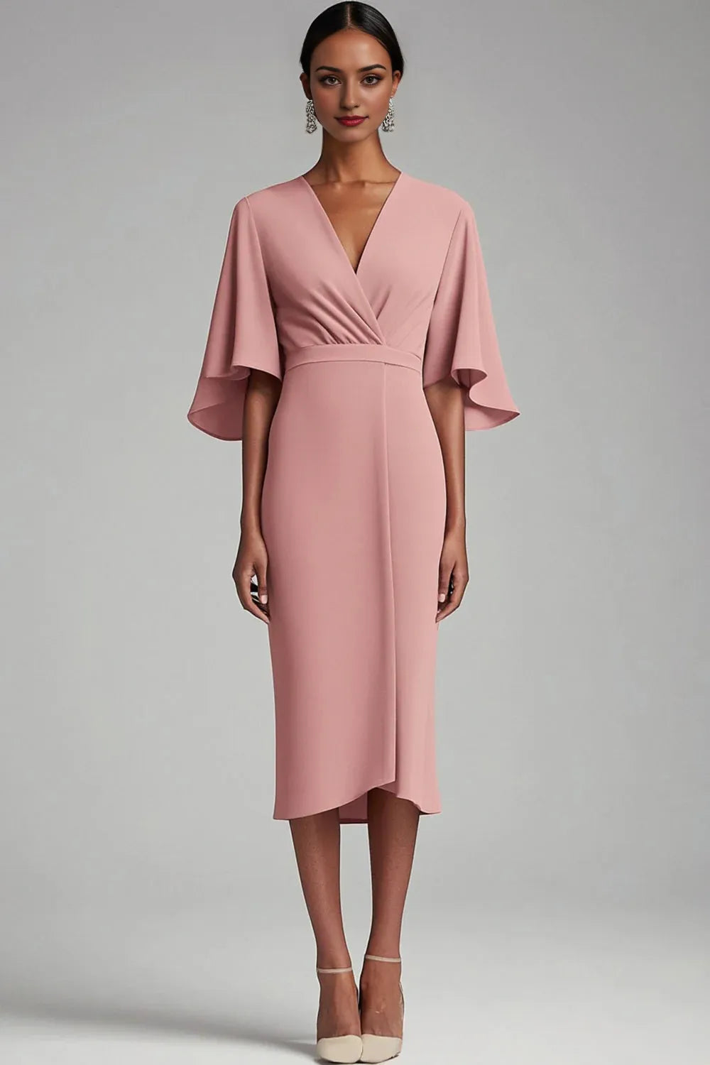 Pink V Neck Bodycon Chiffon Long Mother Dress
