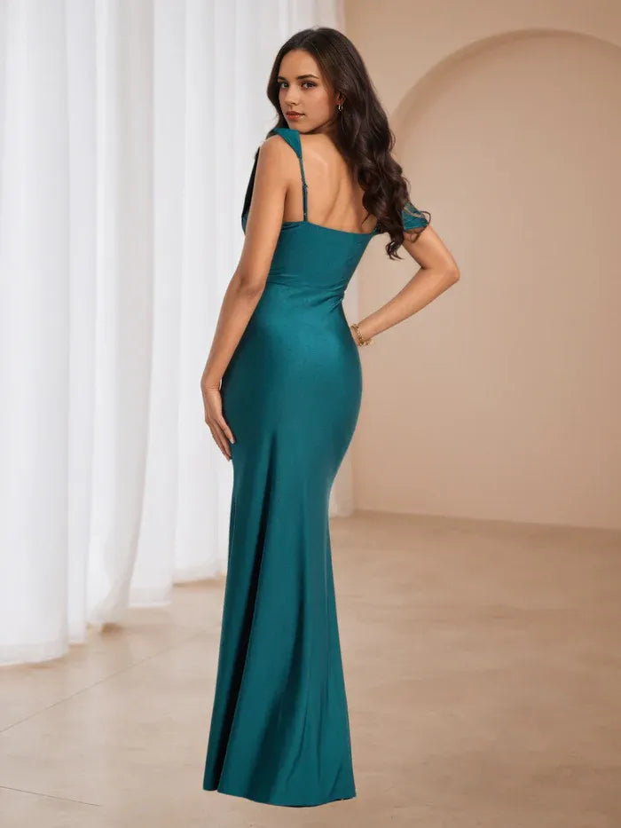 Teal Asymmetric Prom Dress Draped Neckline One - Shoulder Silhouette  Side Slit for Gala Glamour
