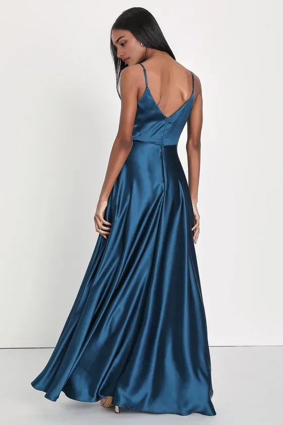 Teal Blue Satin Prom Dress with Cross-Front Wrap Spaghetti Straps High Thigh Slit Flowy Satin Skirt Perfect for Formal Galas
