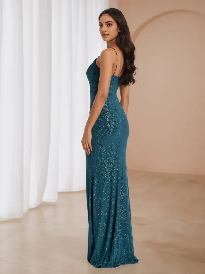 Teal Glitter Mermaid Prom Dress Cut  Out Detail  Spaghetti Straps for Enchanting Gala Evenings