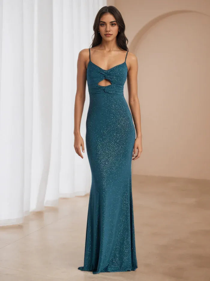 Teal Glitter Mermaid Prom Dress Cut  Out Detail  Spaghetti Straps for Enchanting Gala Evenings