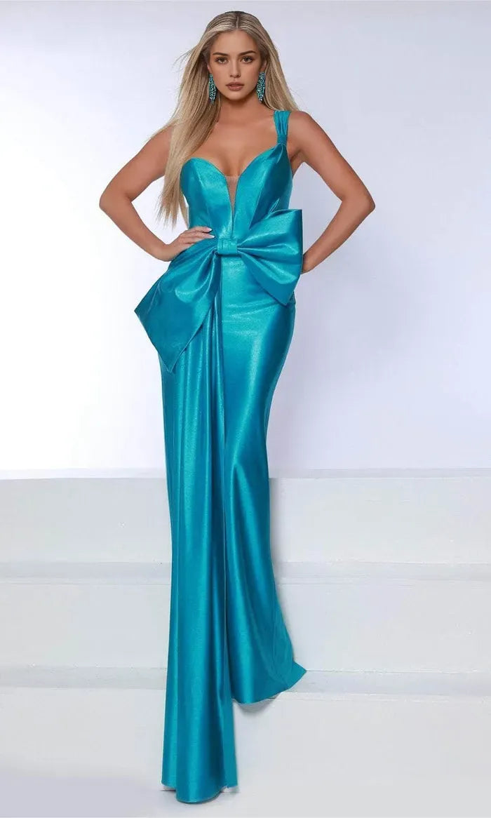 Teal Satin Evening Dresses with Asymmetric Strap Plunging Neckline and Oversized Bow Detail for Glamorous Occasions