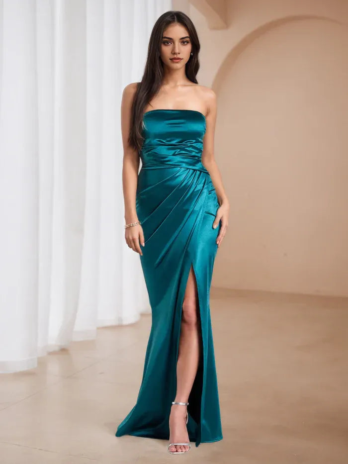 Teal Satin Strapless Prom Dress with Draped Design High Slit Mermaid Evening Gown