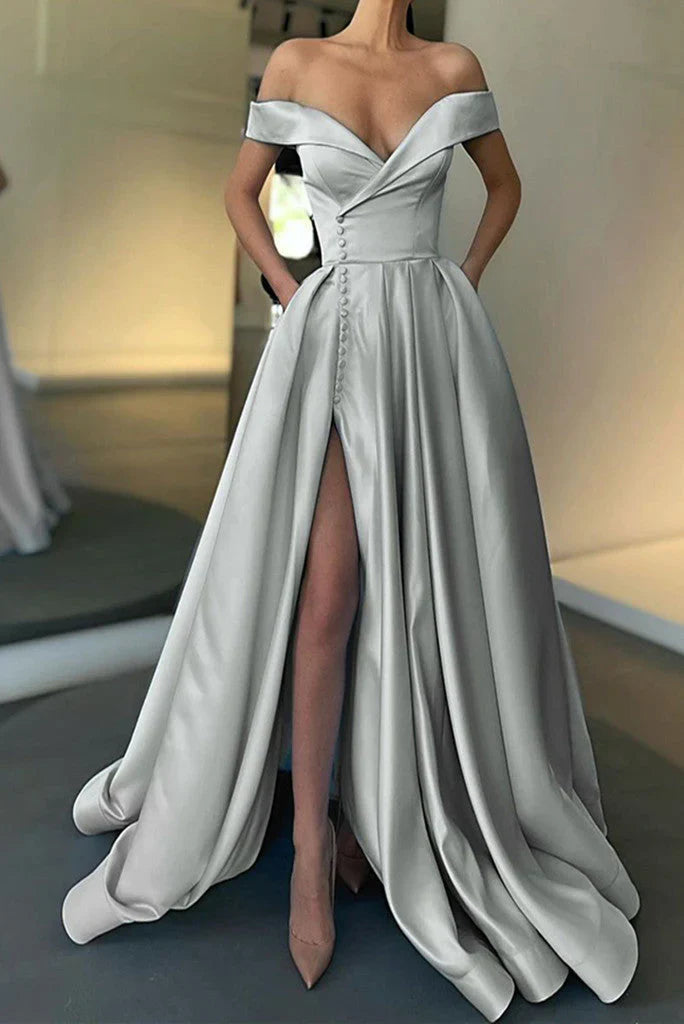 DingJiDress Prom Dresses Sexy A-Line Long Off The Shoulder High Slit Satin