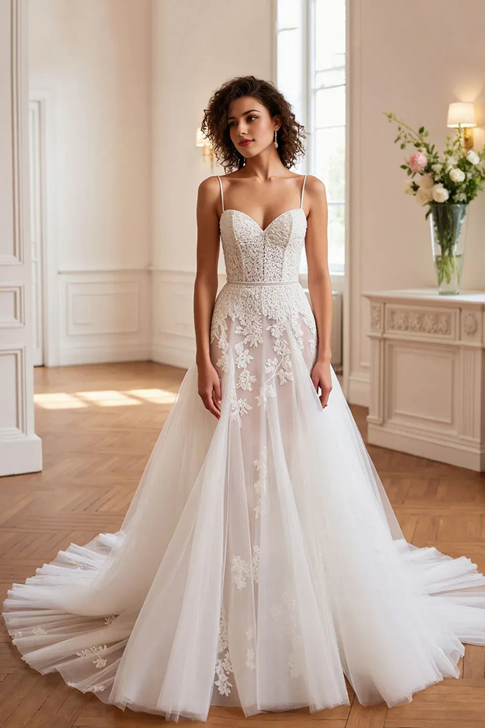 Thin gauze lines sweep train wedding dress with decals