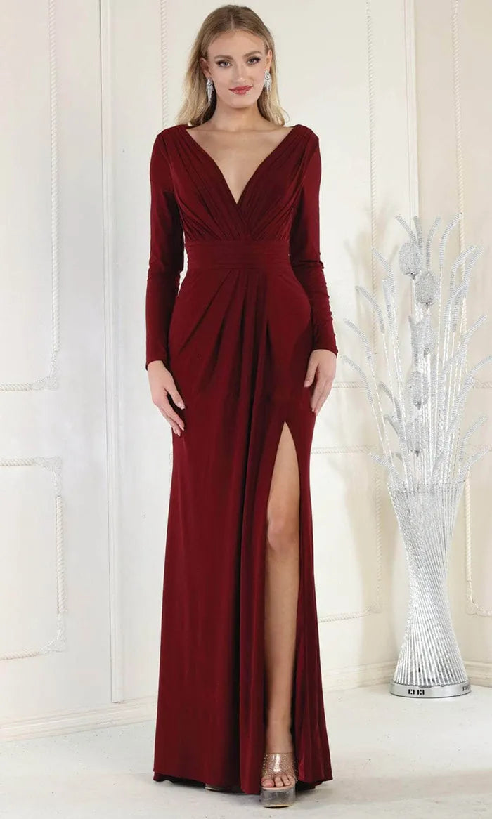 Burgundy Long - Sleeve Evening Dress with Plunging V - Neckline Draped Bodice and High Thigh Slit for Glamorous Occasions