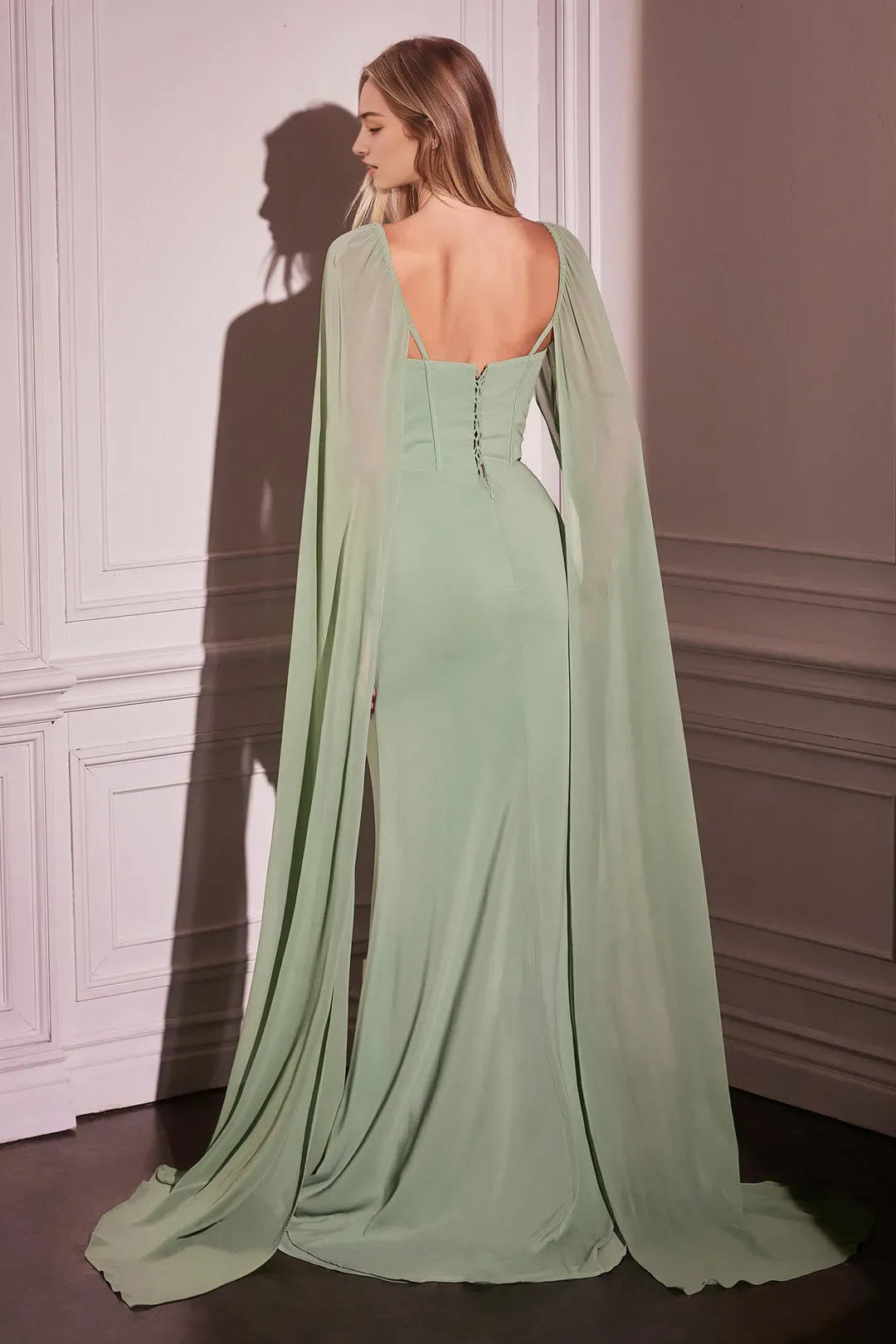Enchanting Sage Green Chiffon Prom Dress with Flowing Cape Sleeves and Corset Bodice ﻿