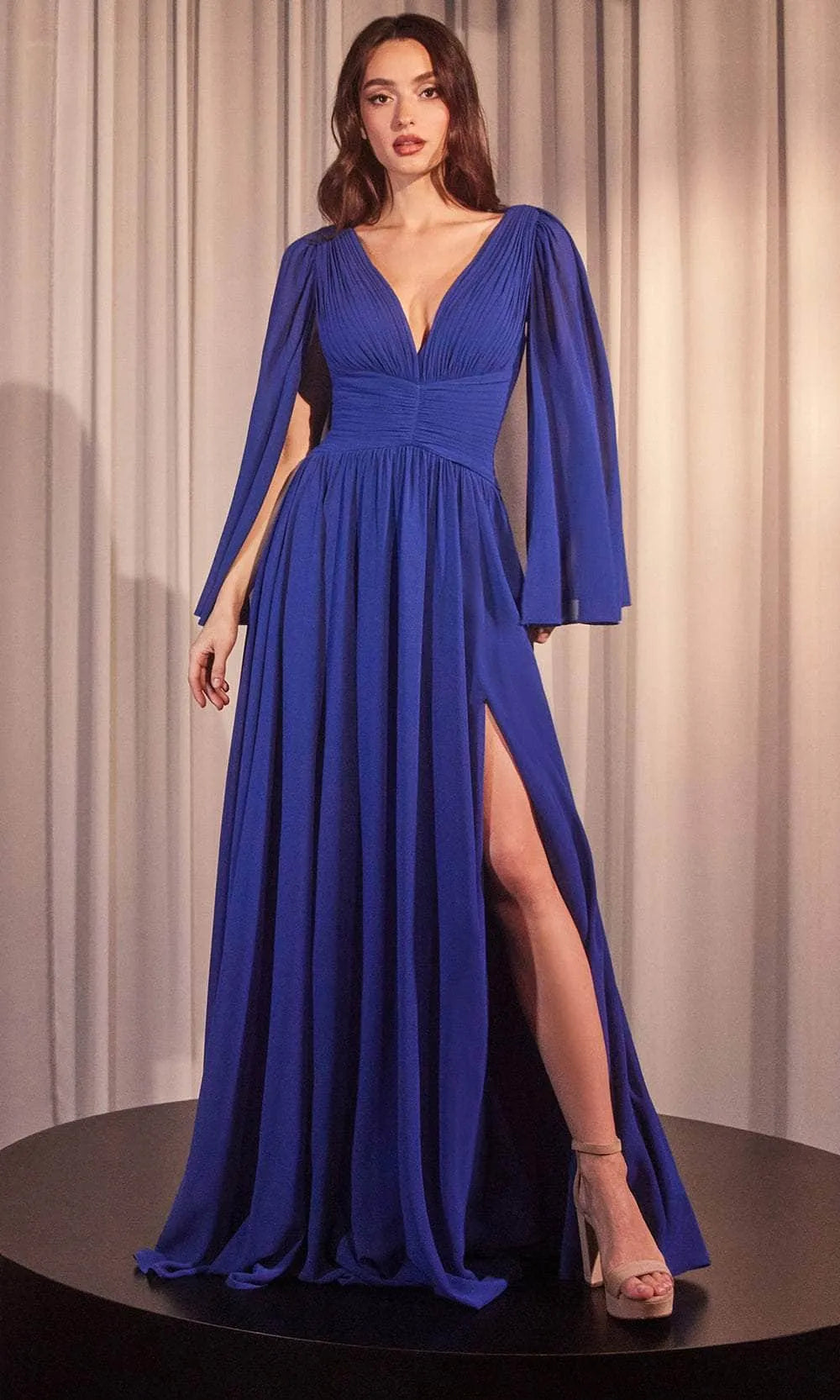 Elegant Royal Blue V - Neck Evening Gown with Cape - Style Sleeves and Side Slit – Perfect for Proms & Formal Balls
