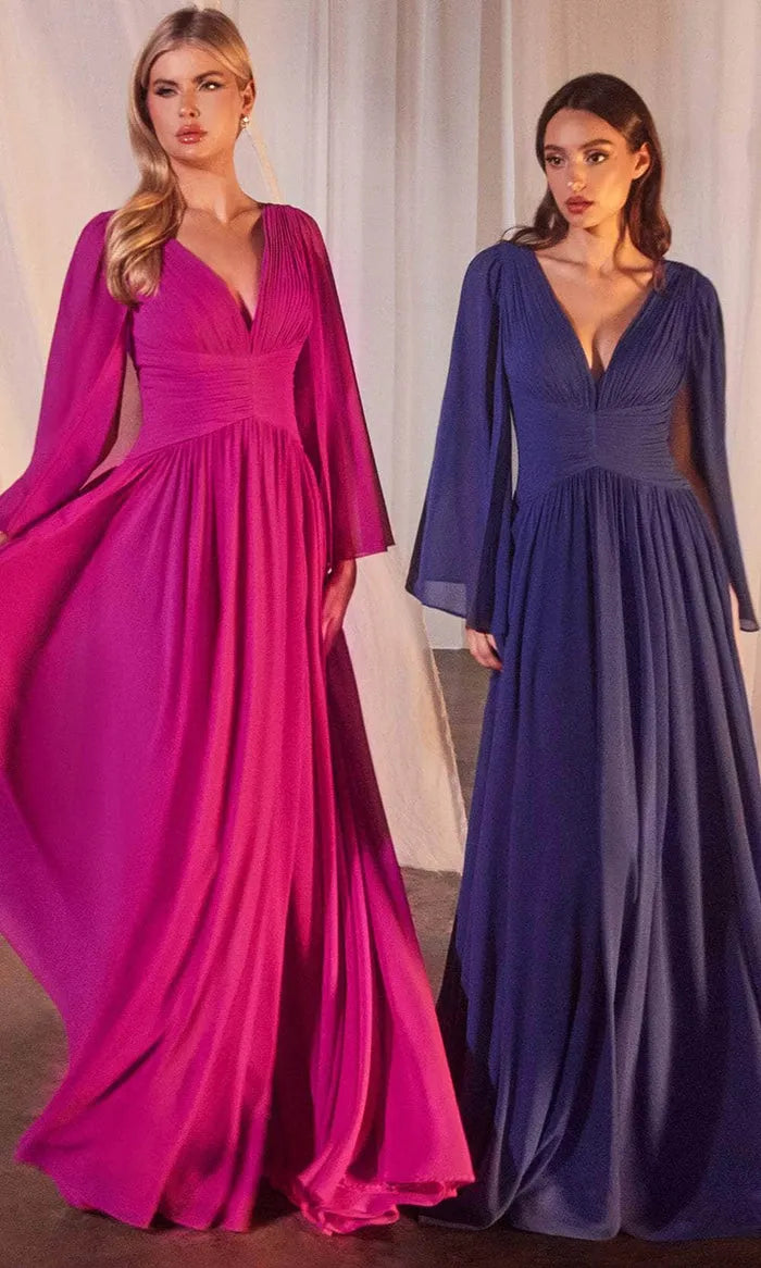 Elegant Royal Blue V - Neck Evening Gown with Cape - Style Sleeves and Side Slit – Perfect for Proms & Formal Balls