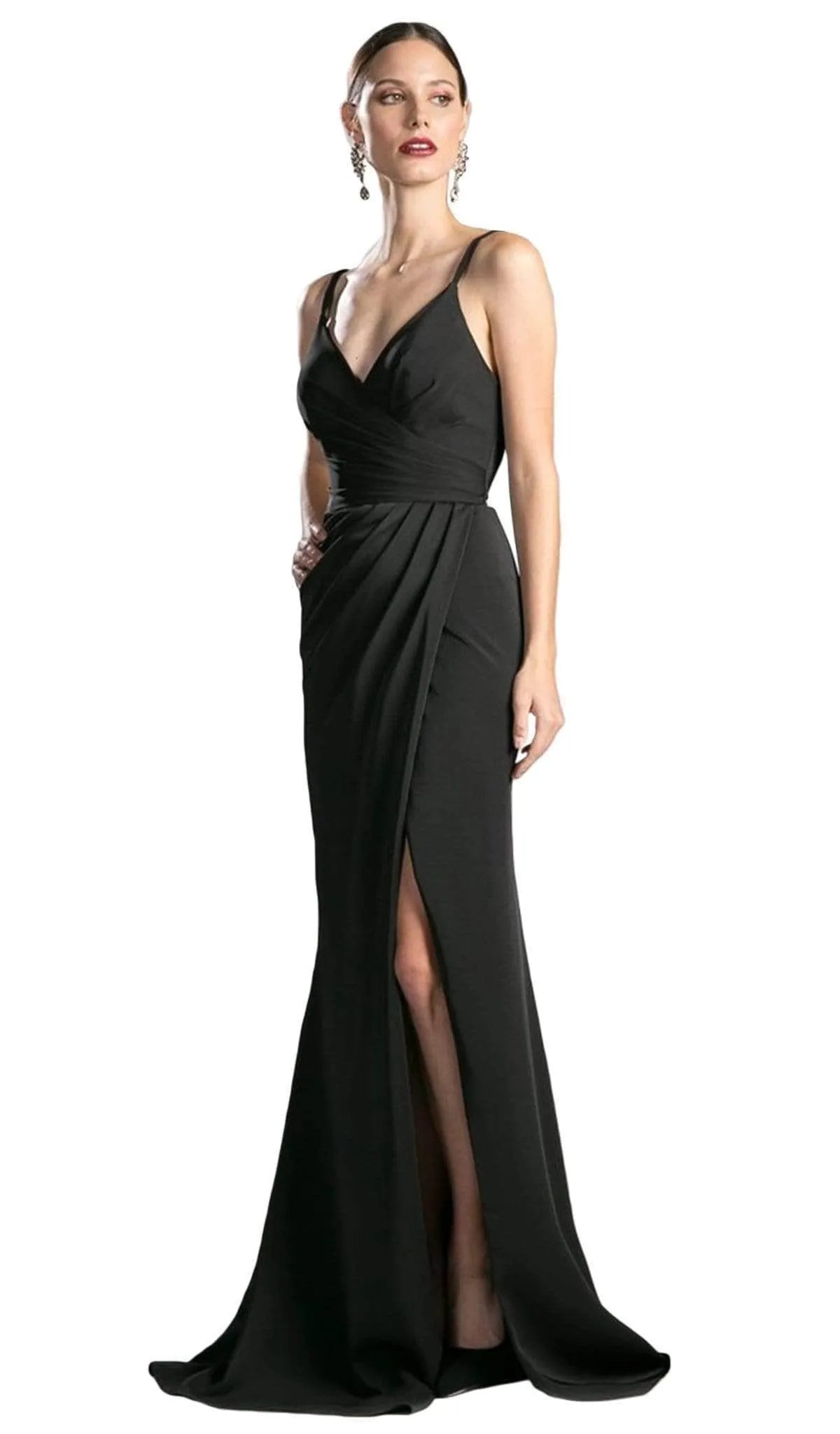 Elegant Navy Blue Chiffon Evening Dress with Spaghetti Straps Draped Bodice and High Side Slit