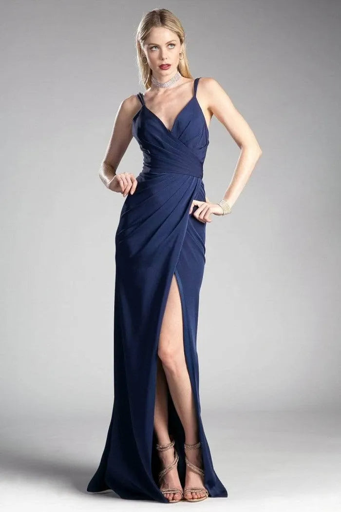 Elegant Navy Blue Chiffon Evening Dress with Spaghetti Straps Draped Bodice and High Side Slit