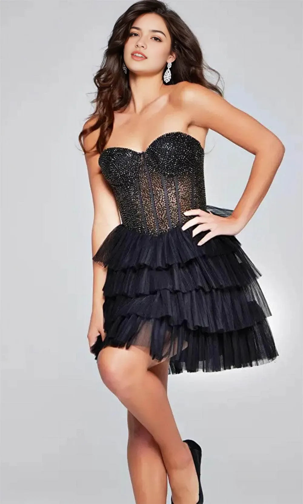 Glamorous Black Rhinestone - Embellished Tulle Satin Strapless Homecoming Dress