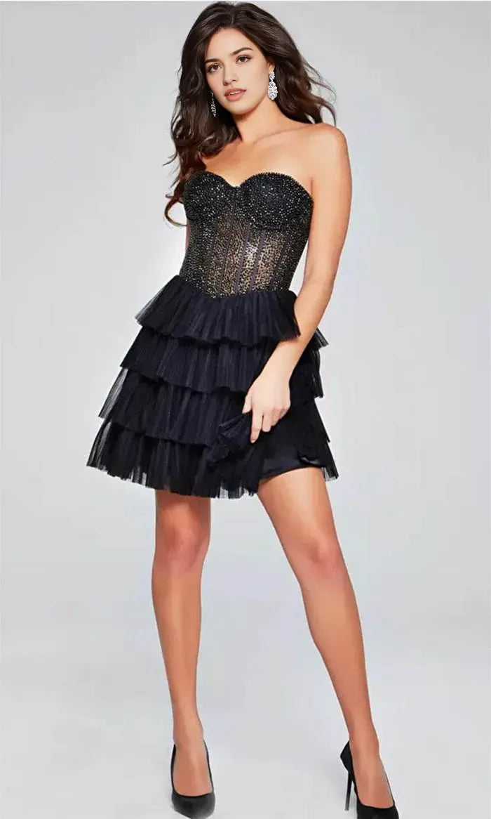 Glamorous Black Rhinestone - Embellished Tulle Satin Strapless Homecoming Dress