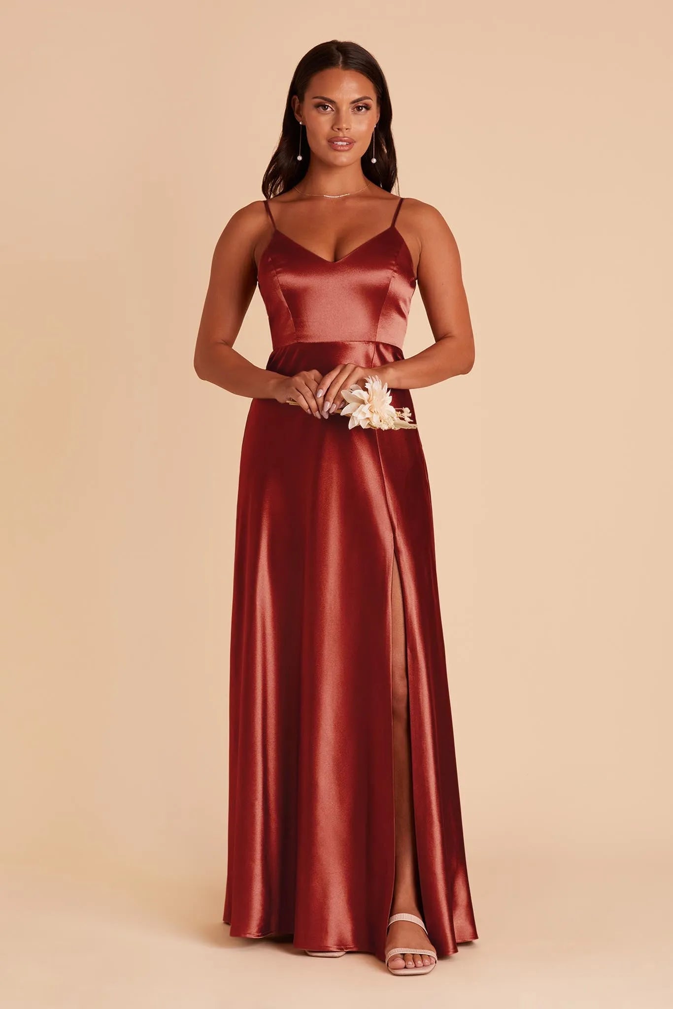 Chic Spaghetti Strap Satin Prom Dresses in Burgundy  Deep V Neck Side Slit for Glamorous Balls