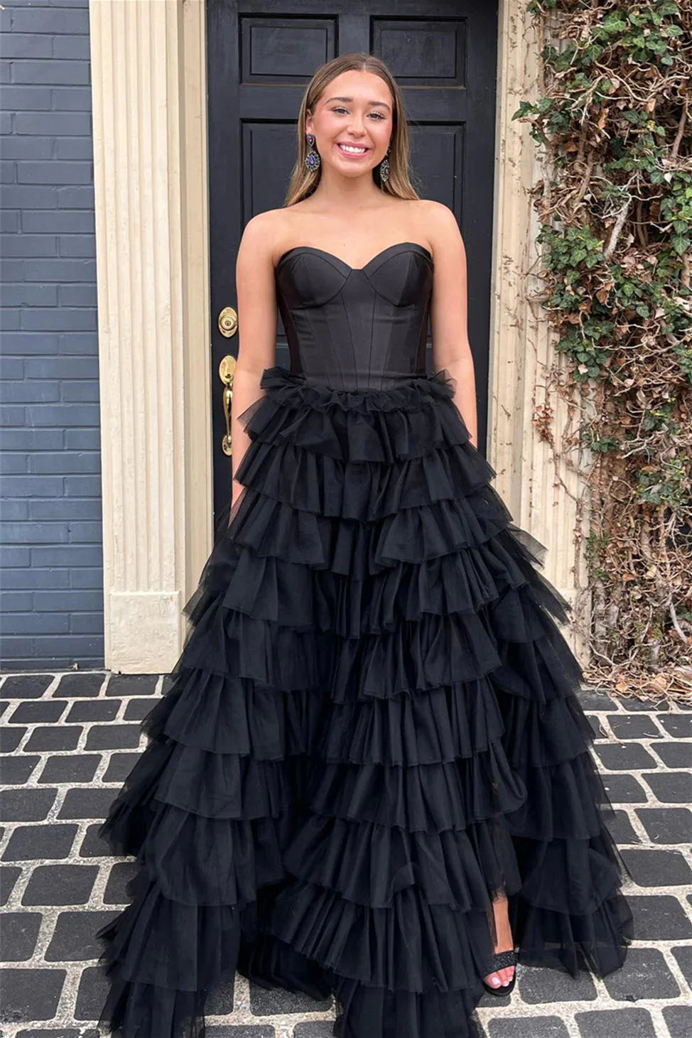 DingJiDress A-Line Strapless Tiered Tulle Satin Long Prom Dress