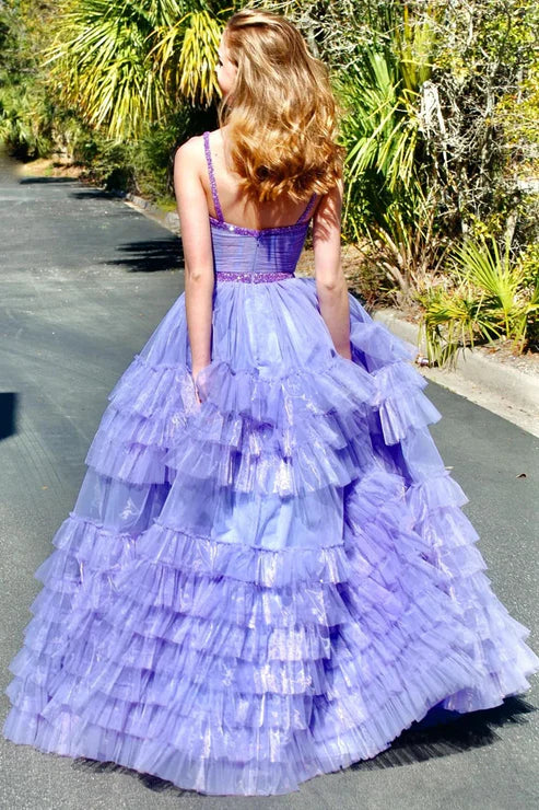 DingJiDress Fashion Tiered Ruffle Tulle Prom Dress Beaded Evening Dresses