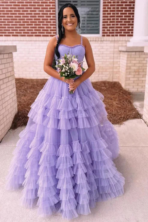 DingJiDress Fashion Tiered Ruffle Tulle Prom Dress Beaded Evening Dresses
