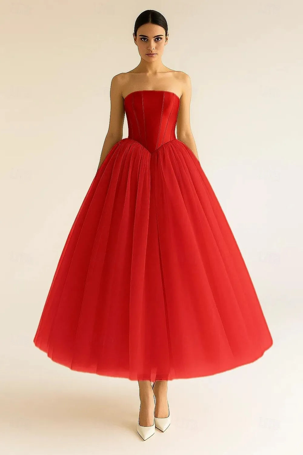 Timeless Ball Gown Strapless Corset Tulle Gold Tea Length Prom Dress