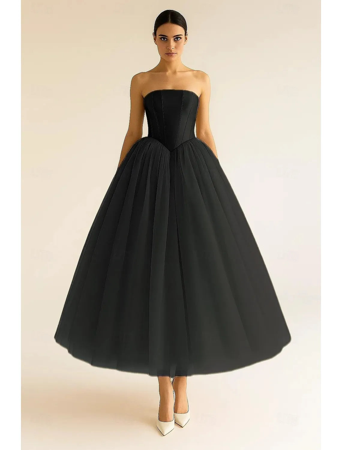 Timeless Ball Gown Strapless Corset Tulle Gold Tea Length Prom Dress
