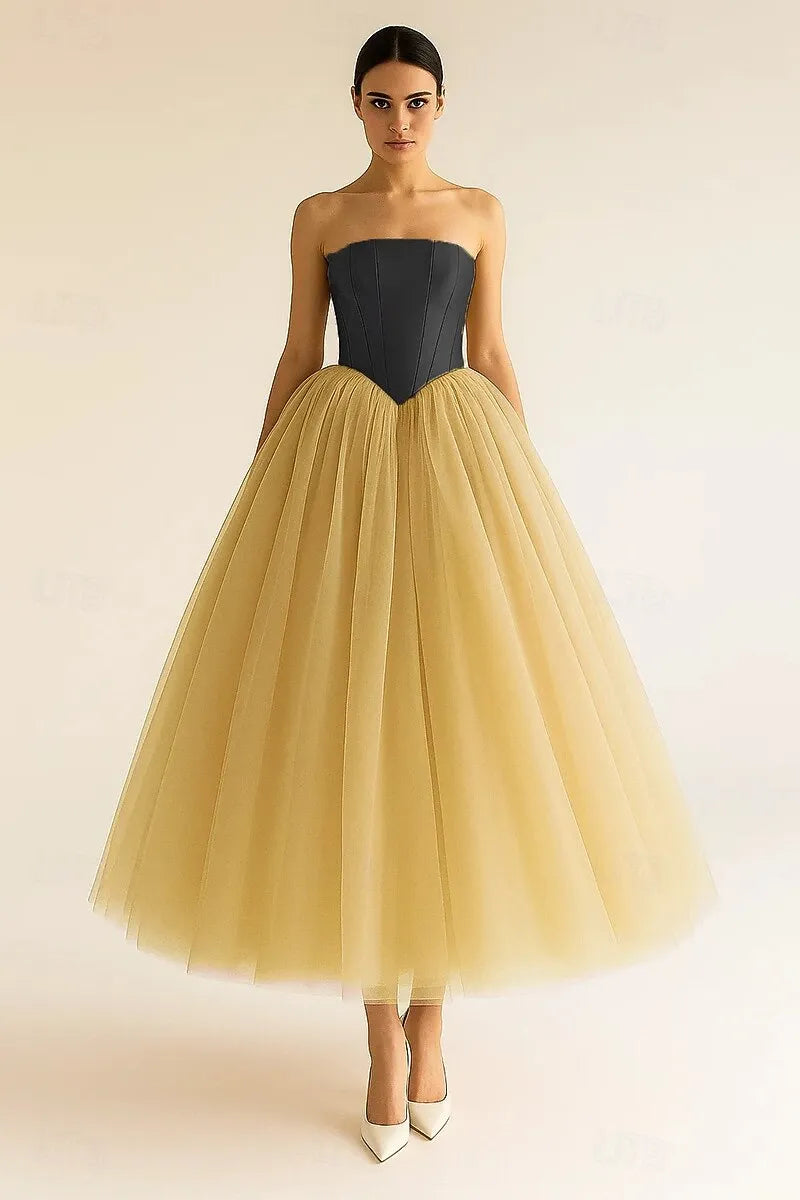 Timeless Ball Gown Strapless Corset Tulle Gold Tea Length Prom Dress
