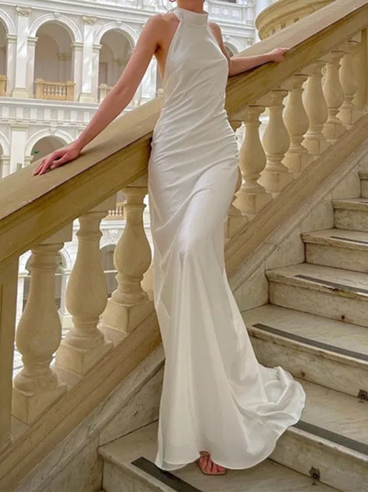 Timeless Halter Bridal Dress Satin Fabric Minimalist Design