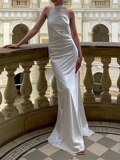 Timeless Halter Bridal Dress Satin Fabric Minimalist Design