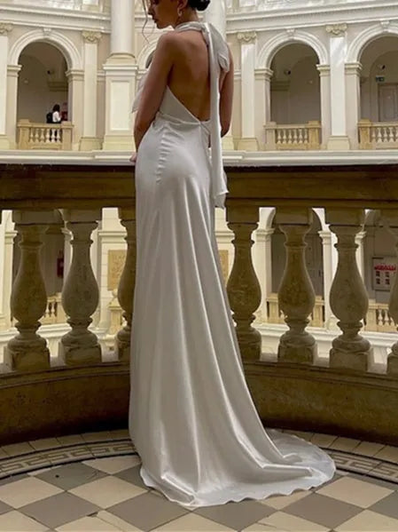 Timeless Halter Bridal Dress Satin Fabric Minimalist Design