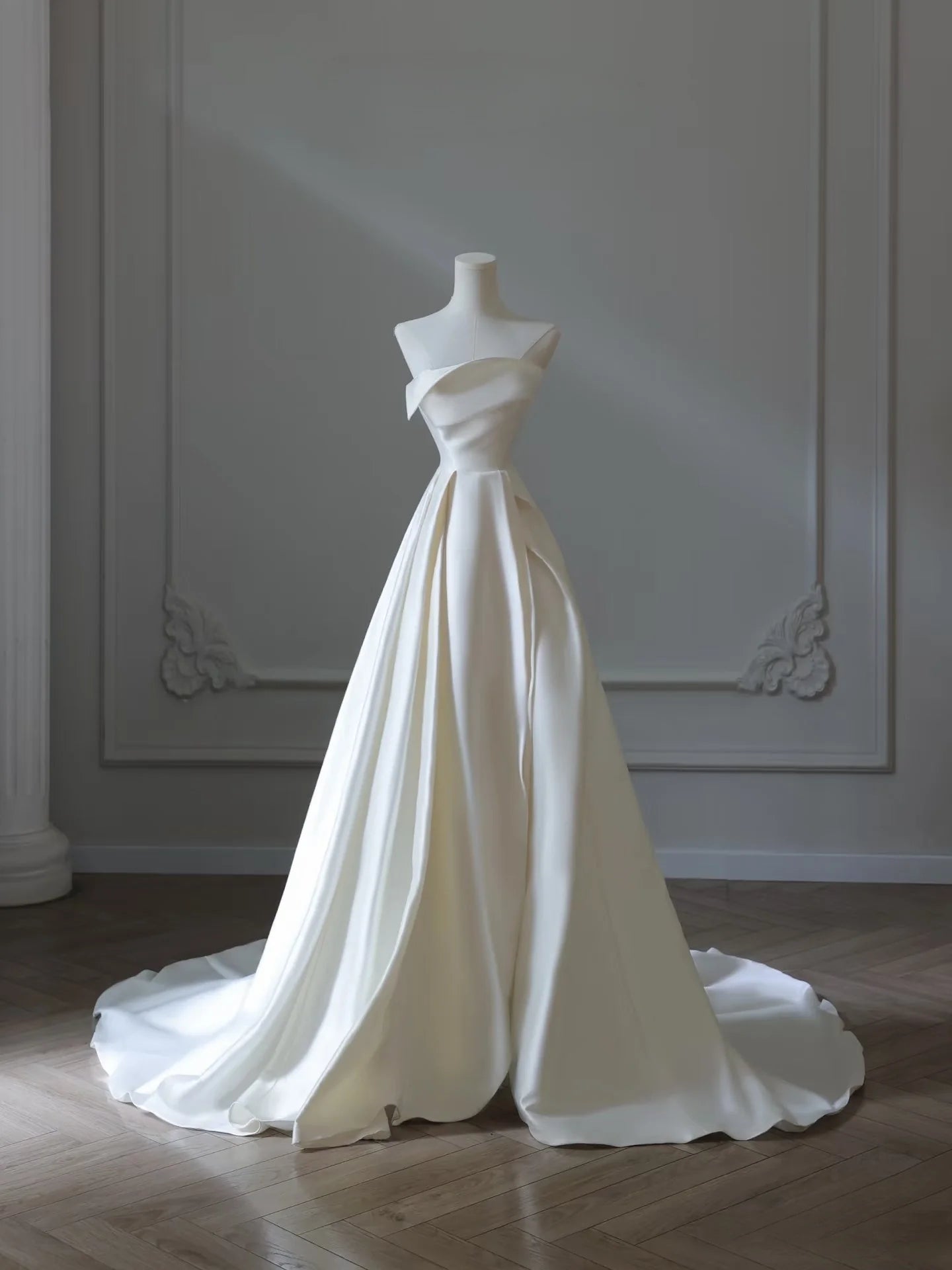 Timeless Minimalist A-Line One-Shoulder Ivory Satin Wedding Dresses