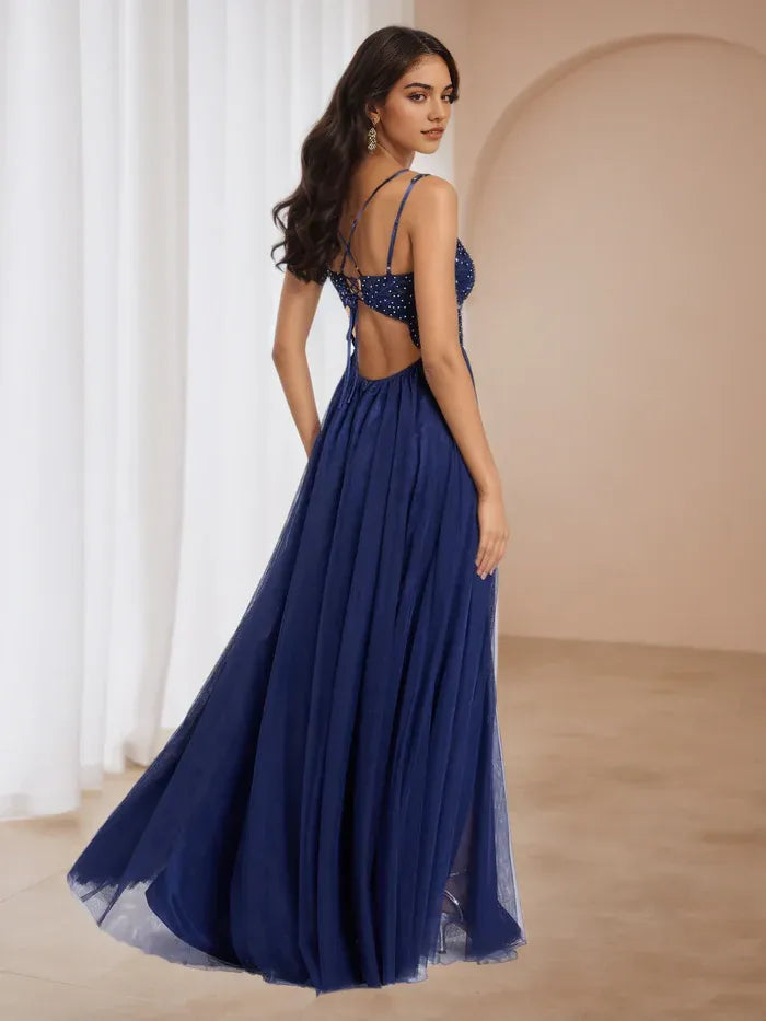 Timeless Navy Tulle Prom Gown Spaghetti Straps Rhinestone Detail  Sheer Slit for Enchanting Events