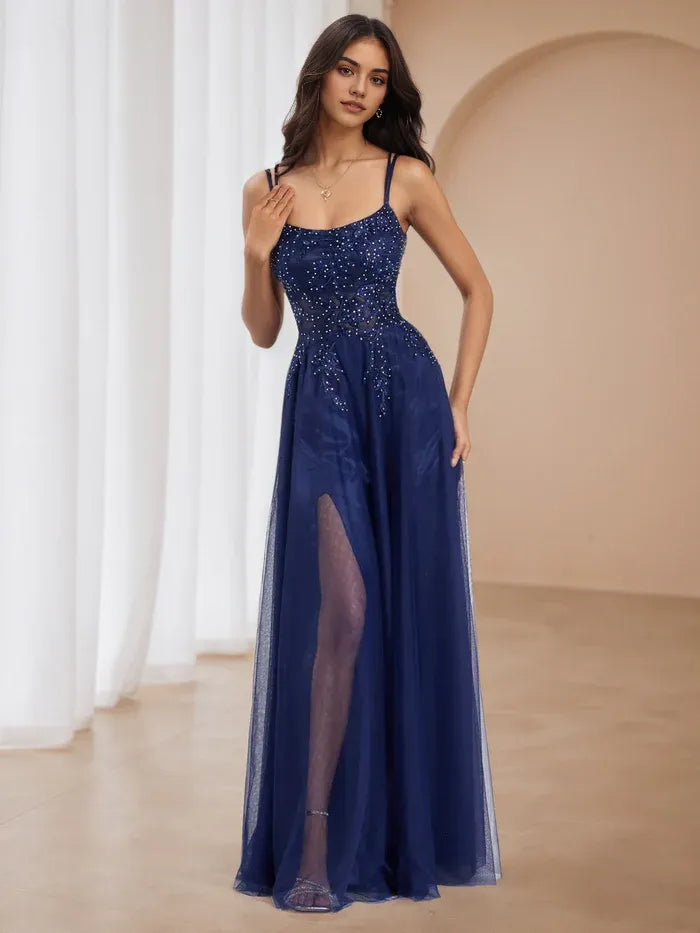 Timeless Navy Tulle Prom Gown Spaghetti Straps Rhinestone Detail  Sheer Slit for Enchanting Events