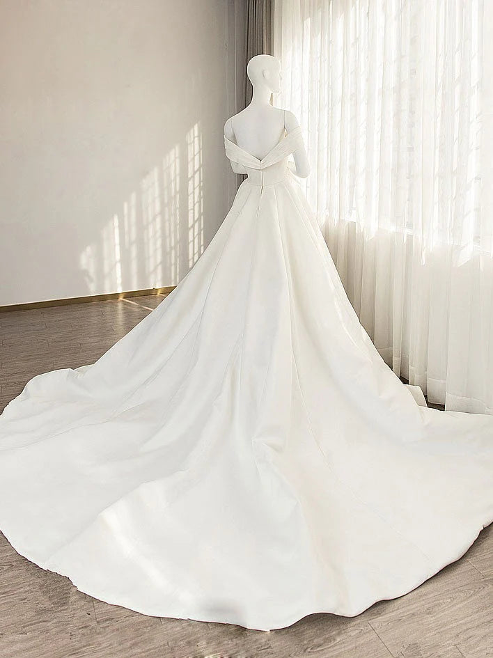 Timeless Off-the-Shoulder Satin White Floor-Length Party Dress
